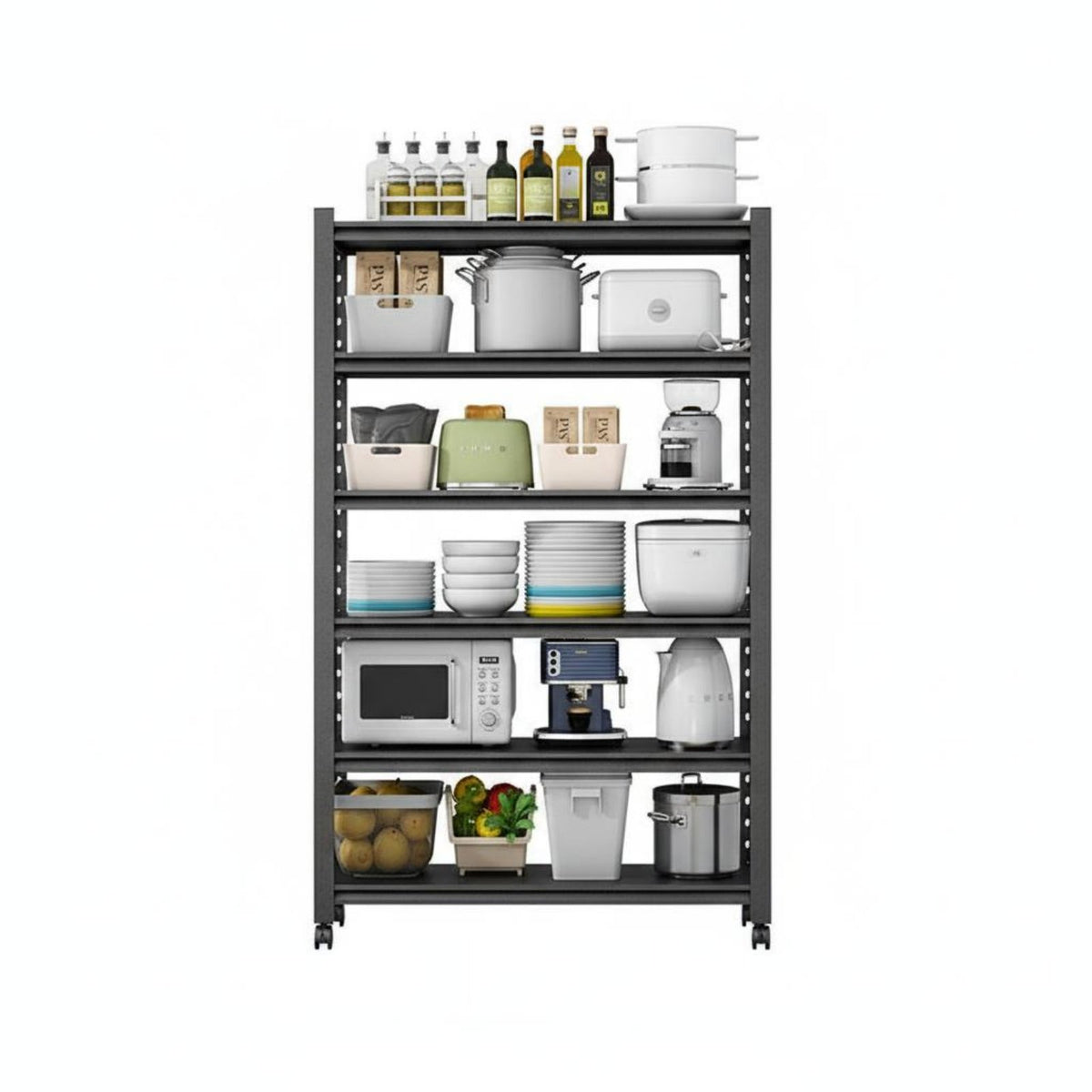 Mobile Storage Shelf Large Capacity Metal Kitchen Utility Cart Space-Saving Design Floor Standing Organizer Rack for Pantry, Washroom, Garage