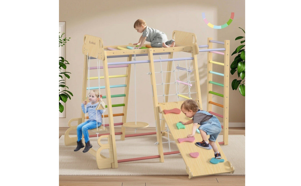 Indoor Climbing Set with Slide Wood Wooden Climber Playset Climbing Playground with Slide for Young Children, Children, Playroom, Living Room