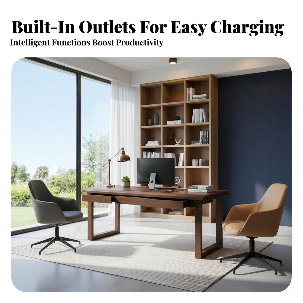 Solid Wood Double Desk Spacious Workspace Long Two Person Desk with Drawers Stable and Sturdy Mid-Period Modern Workstation for Remote Workers