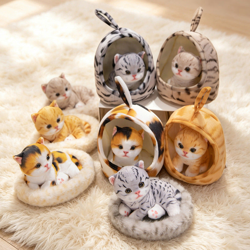 Cute Tabby Cat Plush Toy with Bed, Simulated Kitten Stuffed Animal, Home Decor, Gift