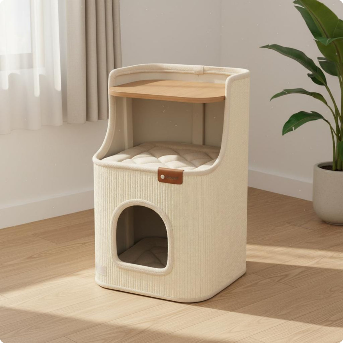 Cat with Scratcher Space Saving Cat House Padded Perch Cushioned Bed Animal Furniture for Cats, Small Apartment