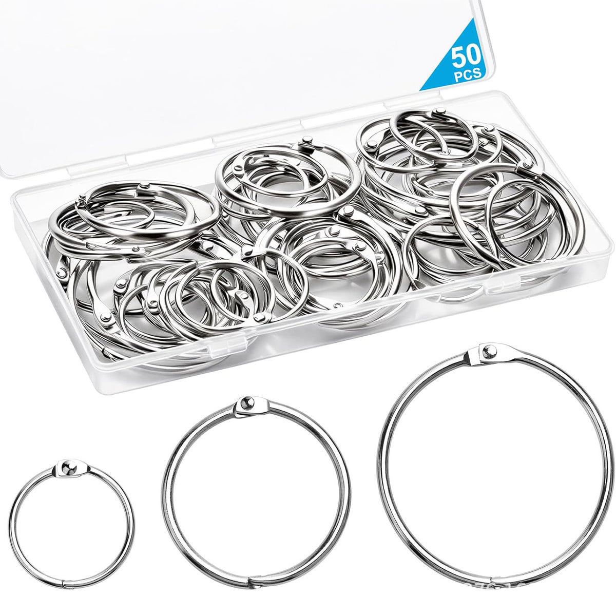 50 Binder Rings, 3 Sizes (1 inch, 1.5 inch, 2 inch) for Index Cards, Metal Binder Rings