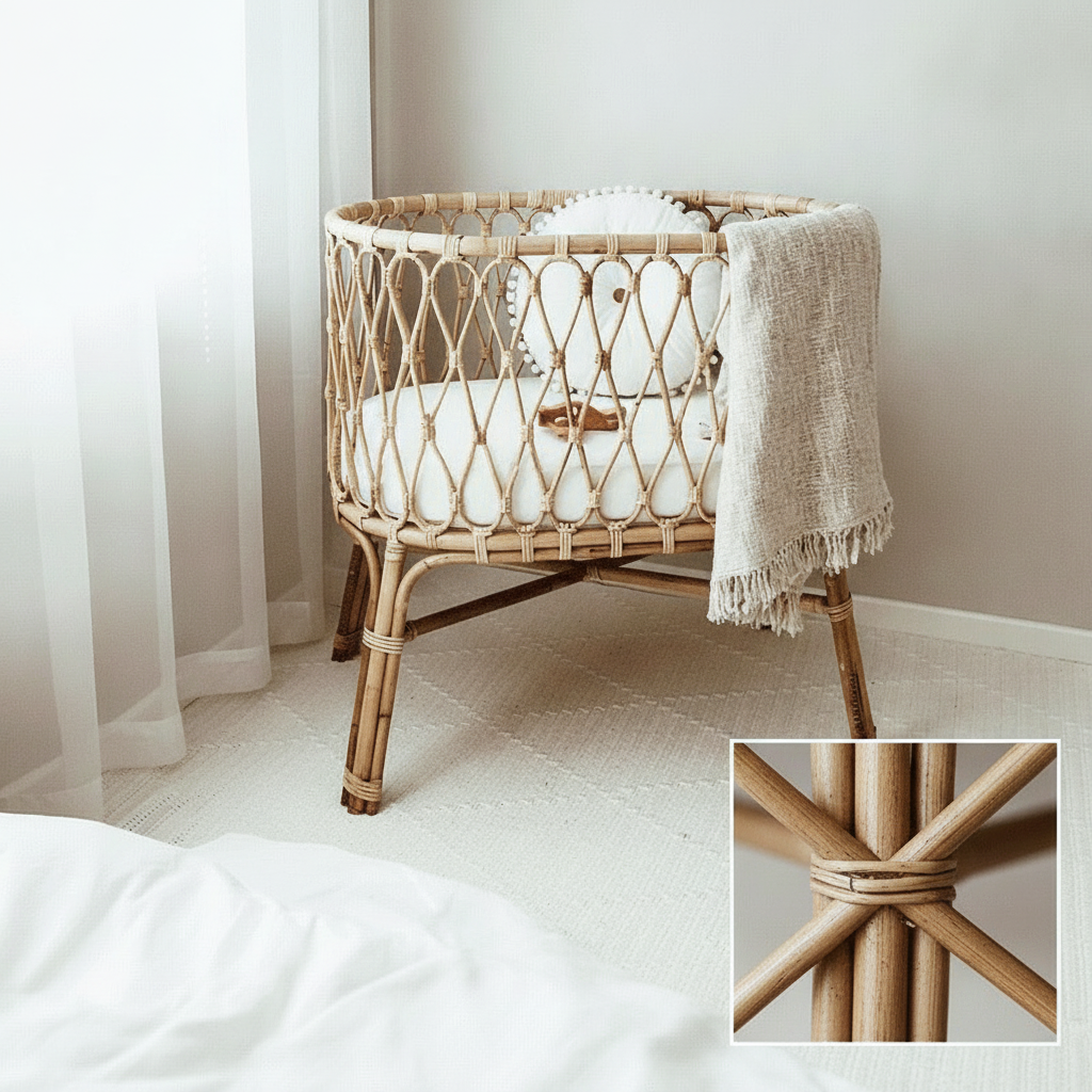 French Rattan Baby Crib Nordic Retro Handmade Natural Imported Rattan Woven Toddler Bed Children's Small Bed