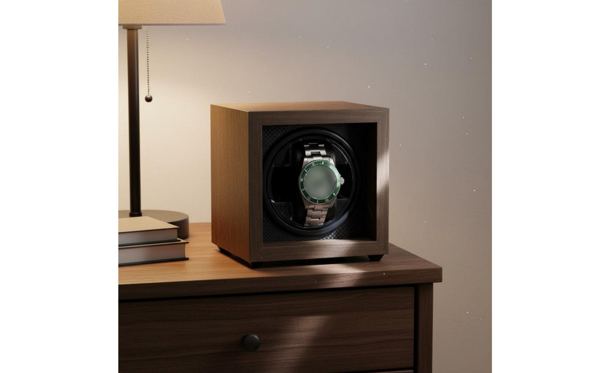 Walnut Wood Watch Winder Two-Way Rotation Automatic Watch Winder Timepiece Storage Universal Serial Bus Powered Blue Lighting