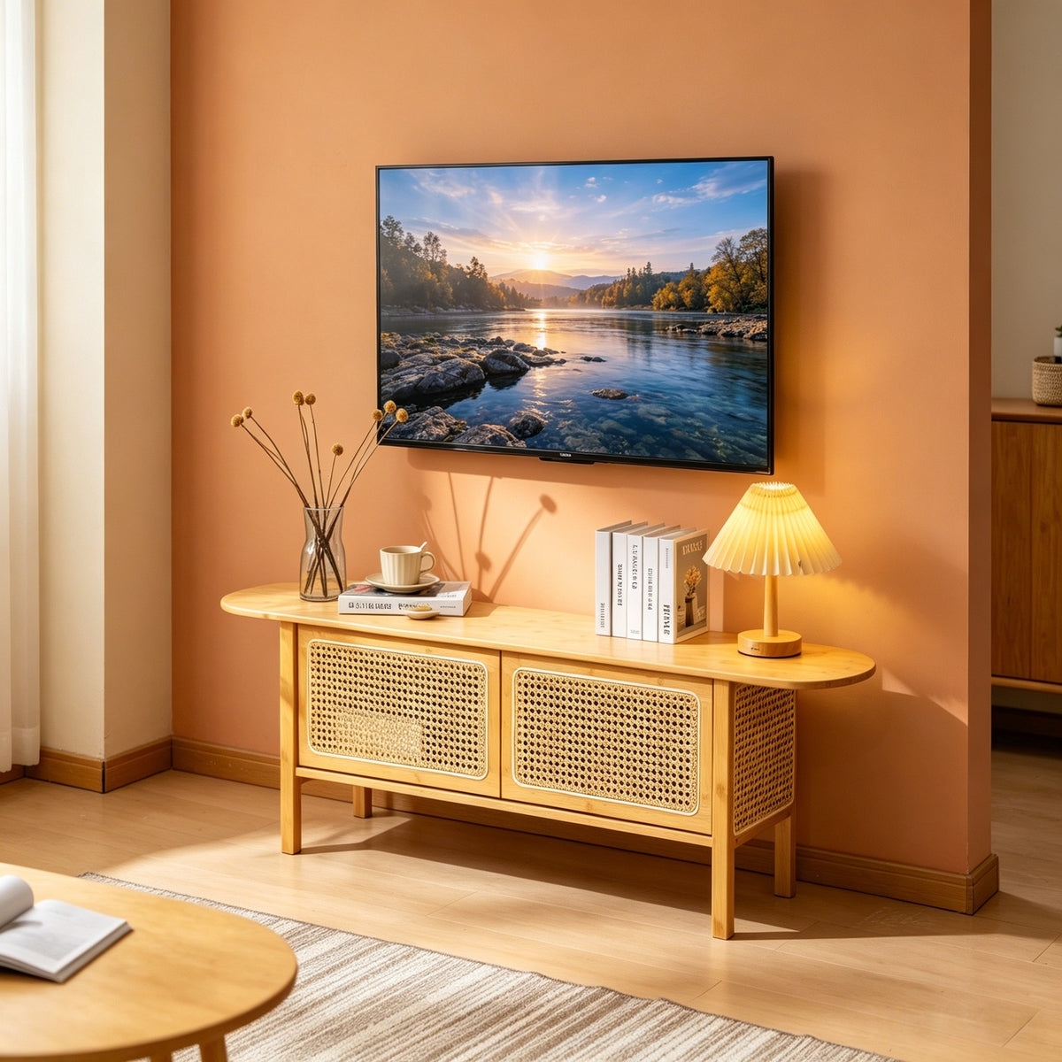 Bamboo and Rattan TV Cabinet, Simple Design for Small Apartments, Floor-Standing with Double Doors