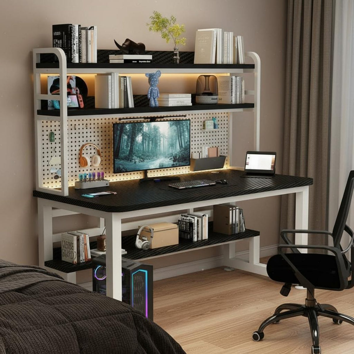 Computer Desk Pegboard Study Table Solid Wood Shelves Multi-level Storage Space Saving Design Built-in Unit Customizable Pegboard Suitable for Students Tech Lovers Bedroom Dorm Room