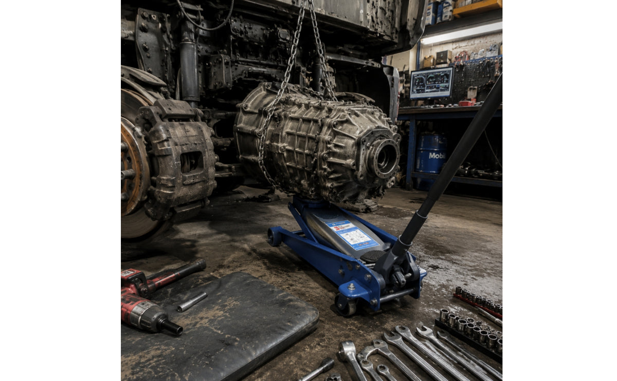 Gearbox Jack with Chain 3-Ton Slim-Profile Gearbox Jack Lift Wheeled Heavy-Duty for Mechanics, Workshop, Garage