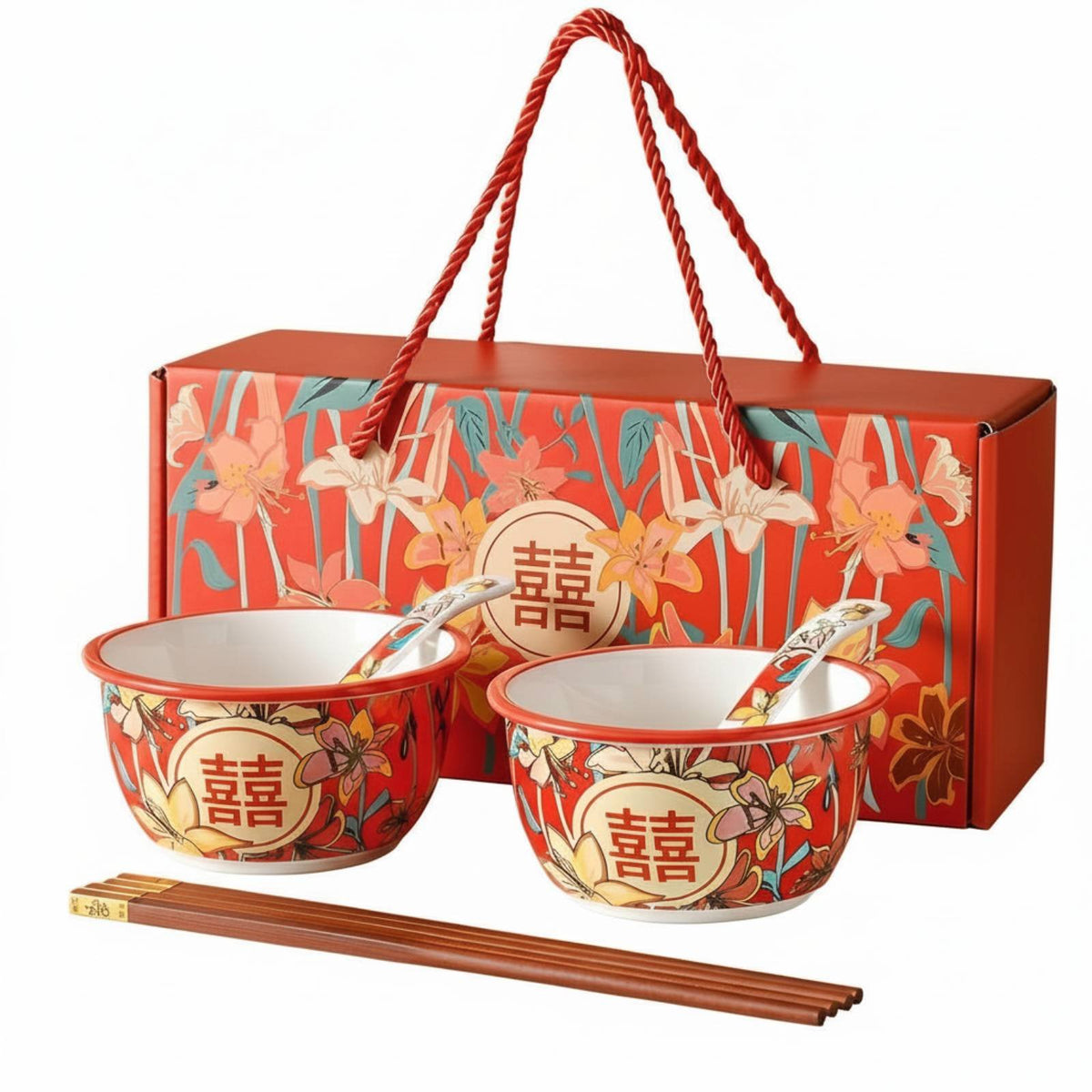 Ceramic Double Happiness Bowl Set, Red Tableware, Wedding Gift, Chopsticks & Spoon