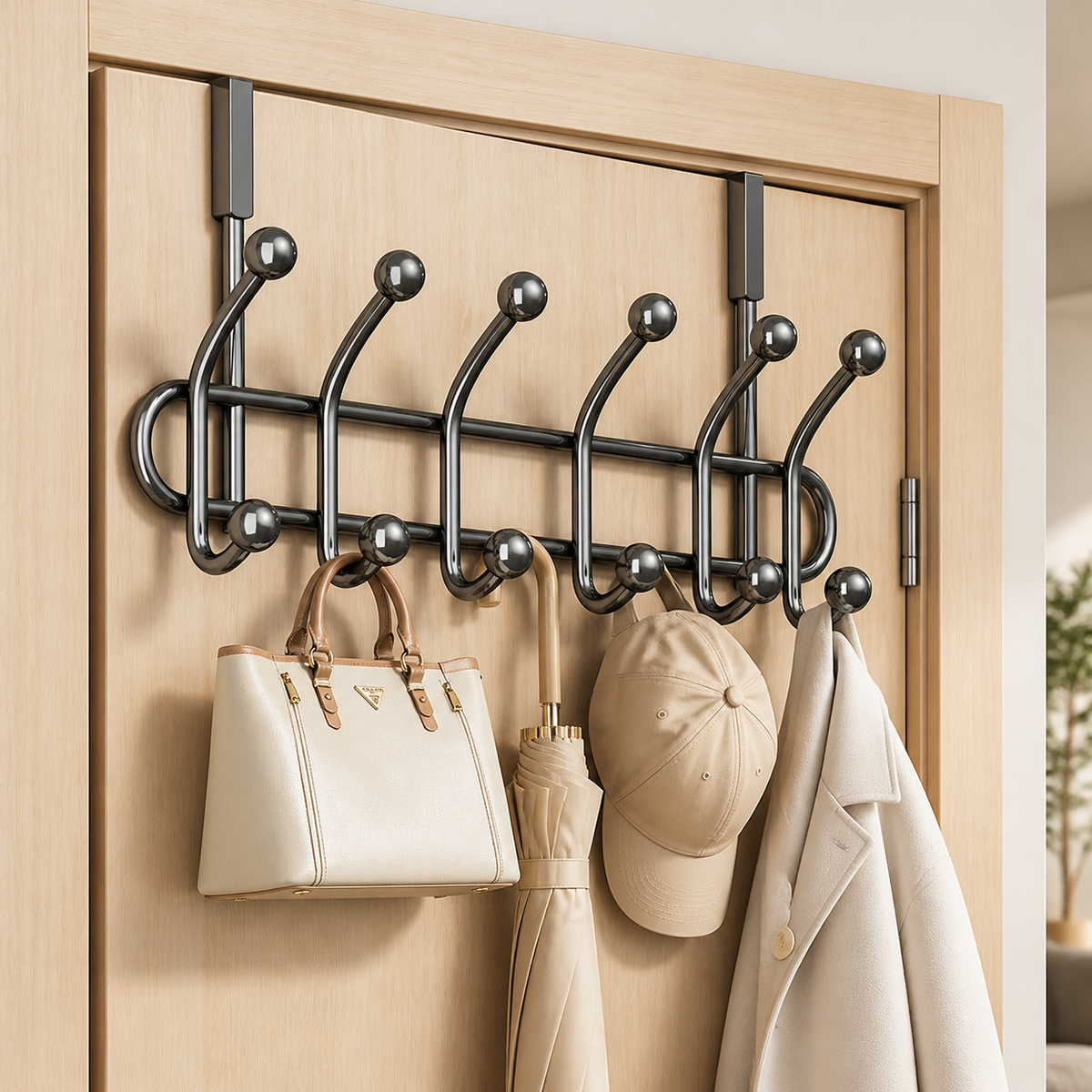 No-Drill Over Door Hanger, 2-Layer Over Door Hook Rack, Gunmetal Grey Carbon Steel for Coats Bags, Minimalist Powder-Coated Over Door Hook