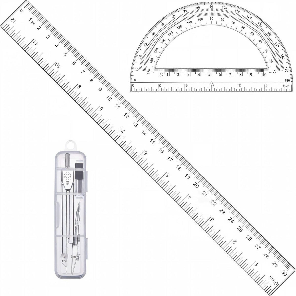 3-Piece Plastic 12-Inch Ruler, Transparent Protractor and Compass Set for Student Geometry, Durable