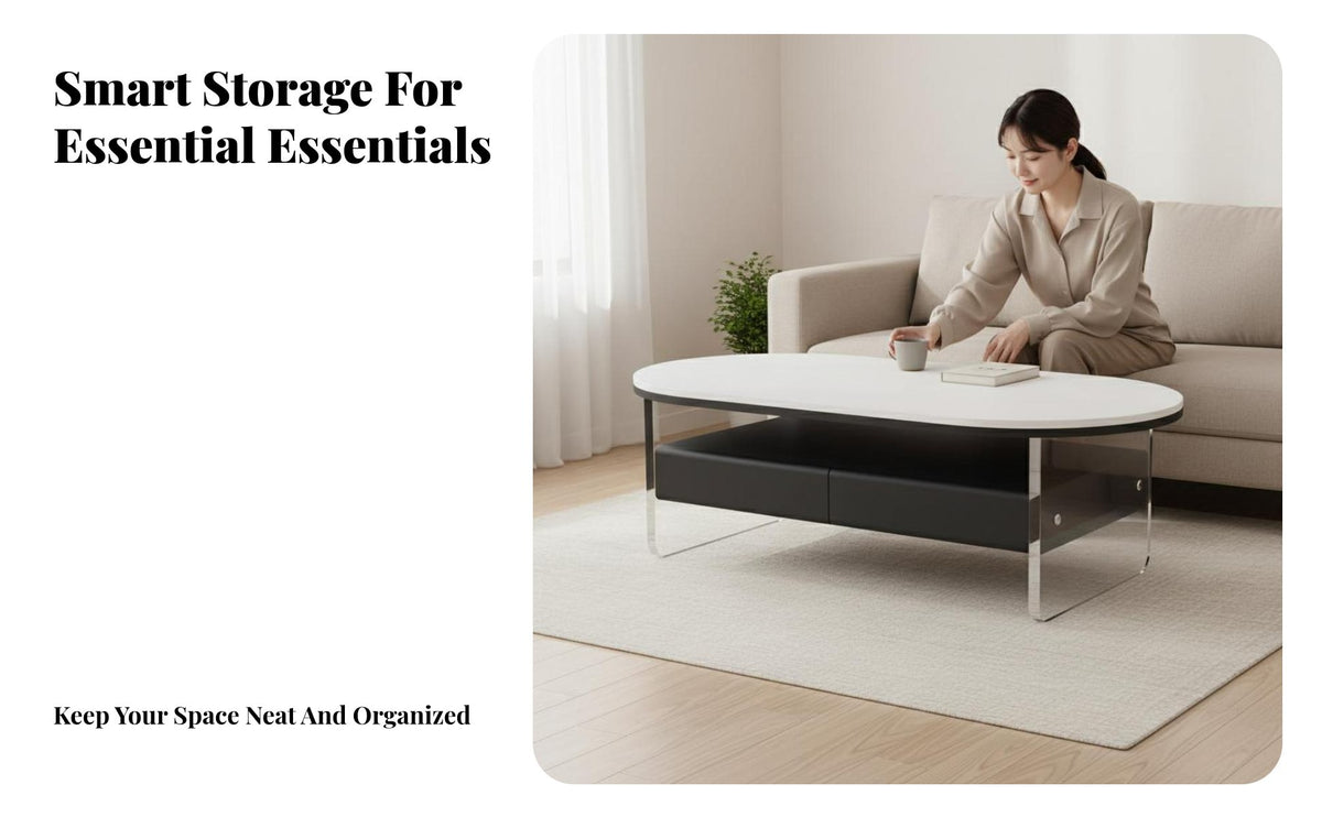 Minimalist design dual-level Oval Table with Acrylic Legs Floating Design 2-Tier Oval Coffee Table Safe Round Edges Household Furniture Space-Saving for Apartment Dwellers, Homeowners, Families, Living Room, Lounge Area, Office