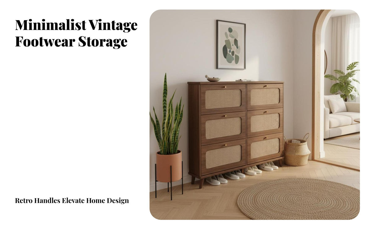 Space-Saving Design Rattan Shoe Cabinet Large Capacity Walnut Wood Shoe Cabinet Long-Lasting Household Furniture Spacious Top Surface for Apartment Dwellers, Homeowners, Families, Entryway, Hallway, Living Room, Bedroom