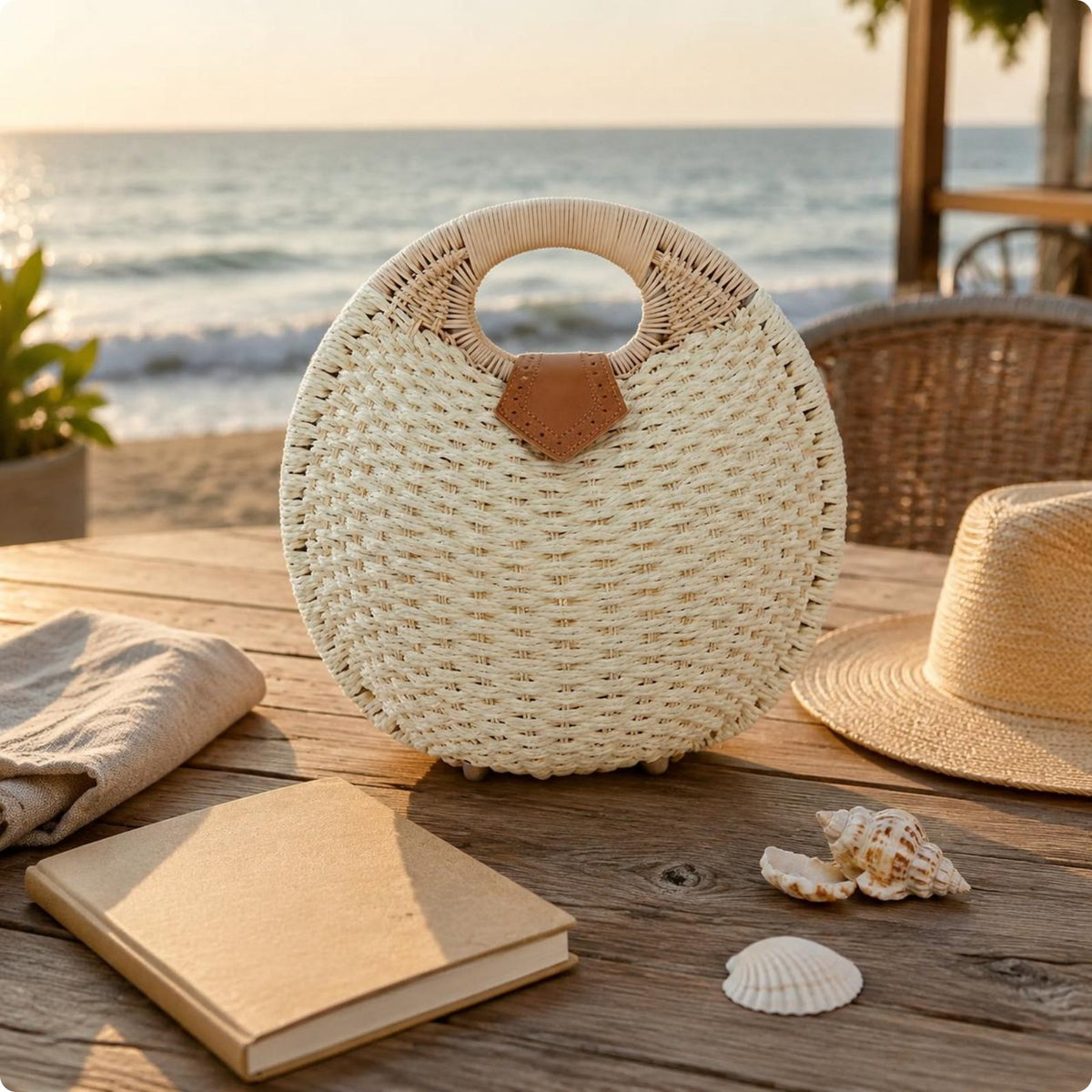 Round Handle Straw Bag Structured Woven Handbag Compact