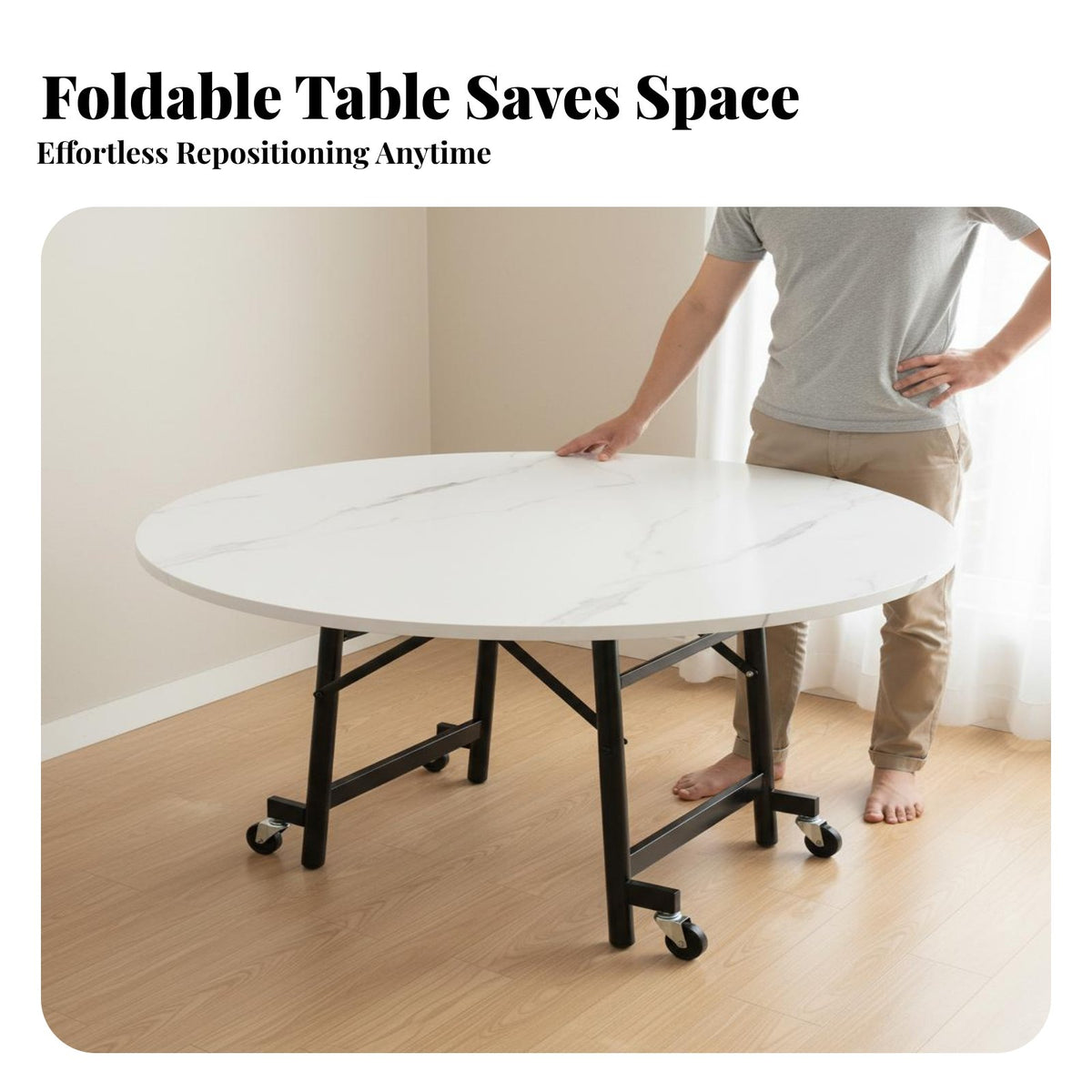 Extendable Design Folding Round Table Seats 4-6 People Folding Dining Table Sturdy Construction Installation-No-Cost for Restaurant Owners, Apartment Dwellers, Small Areas, Banquet Hall, Living Room, Breakfast Nook