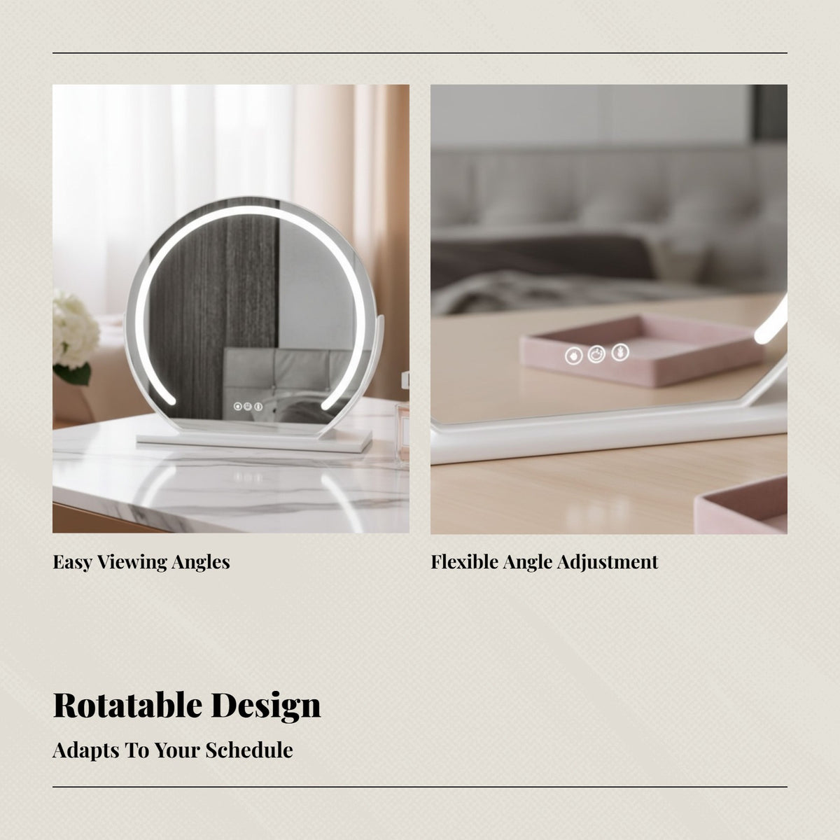 Desktop Vanity Mirror with LED Lights, Large Makeup Mirror, Press Control, Nordic