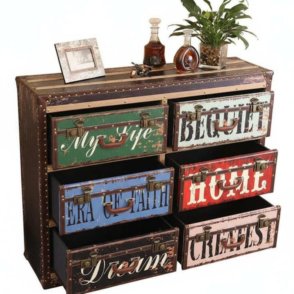 Multi-Drawer Patchwork Cabinet Vintage Design Storage Furniture Distressed Finish Hand-Painted for Bedroom, Hallway, Living Room