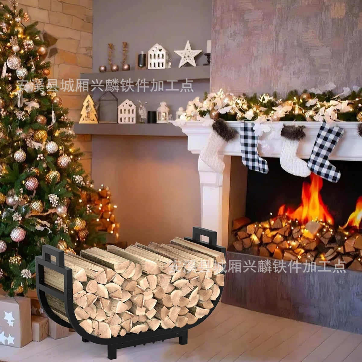 Firewood Rack with Handle, Stable Metal Wood Holder, Movable Indoor/Outdoor Storage