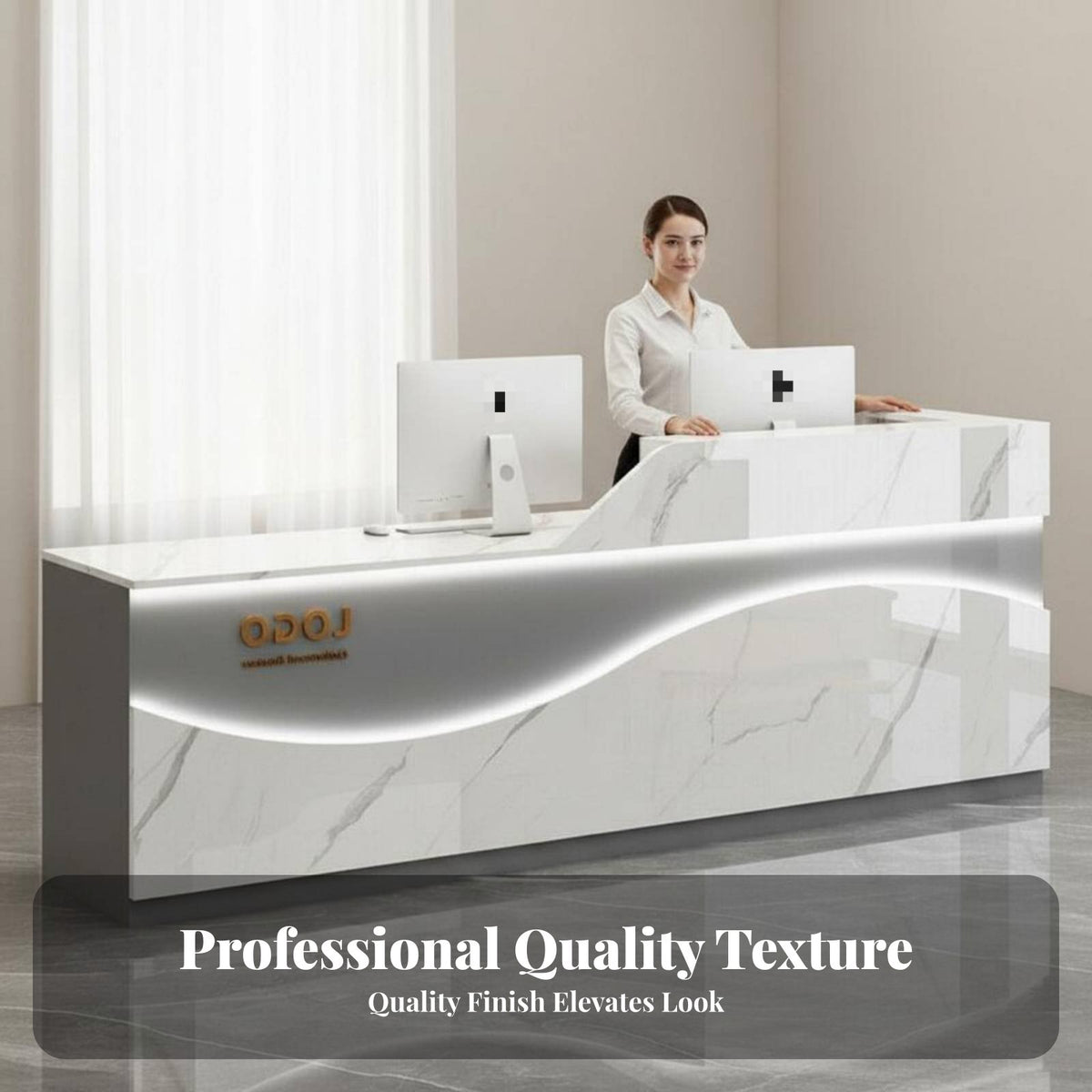 L-Shaped Reception Desk with LED Glossy Finish L-Shaped Cashier Desk Sturdy Construction Front Counter for Business Owners, Company Lobby