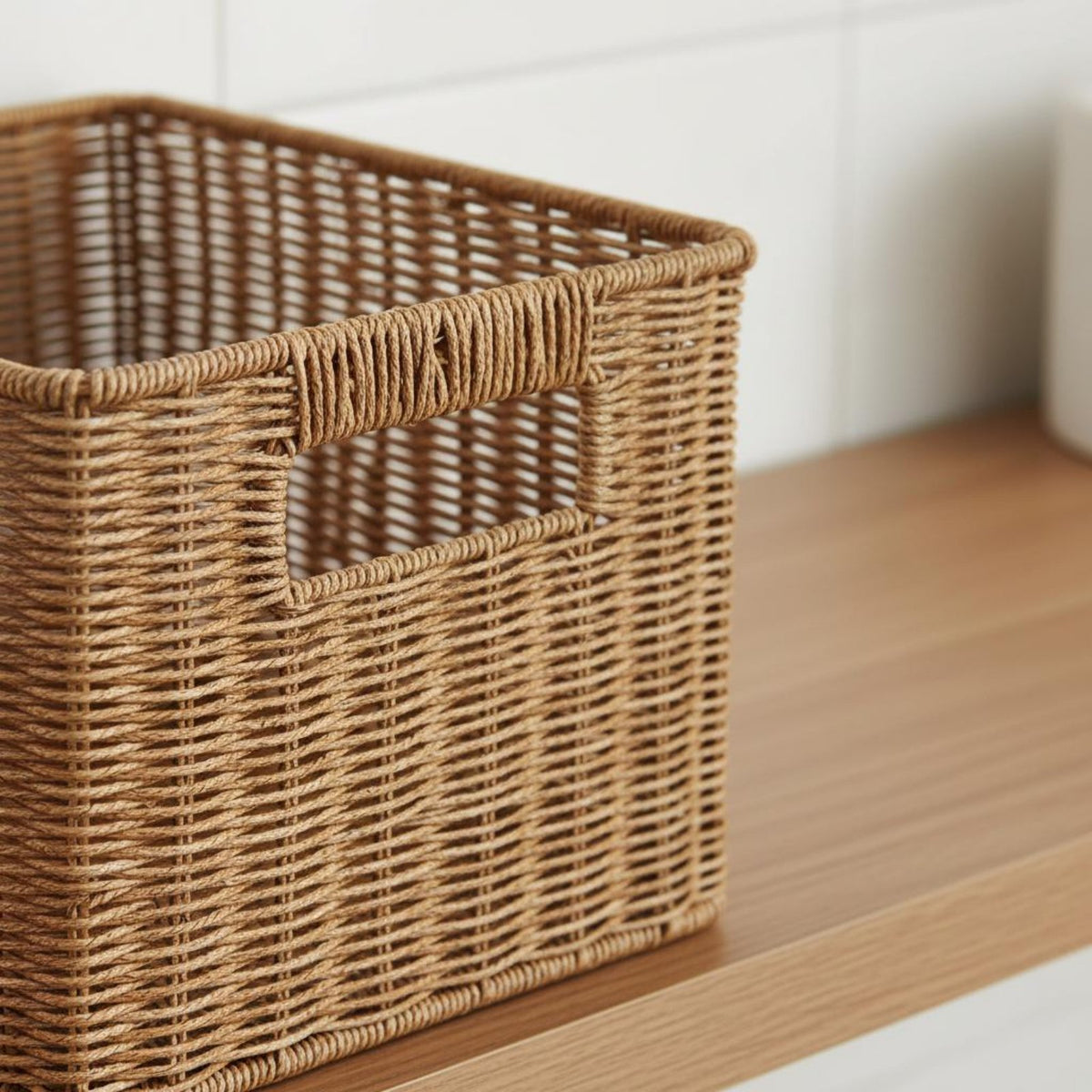 Woven Basket with Wooden Handles Versatile Imitation Rattan Basket Multipurpose Wicker Storage Bin for Students, Washroom, Dorm Room
