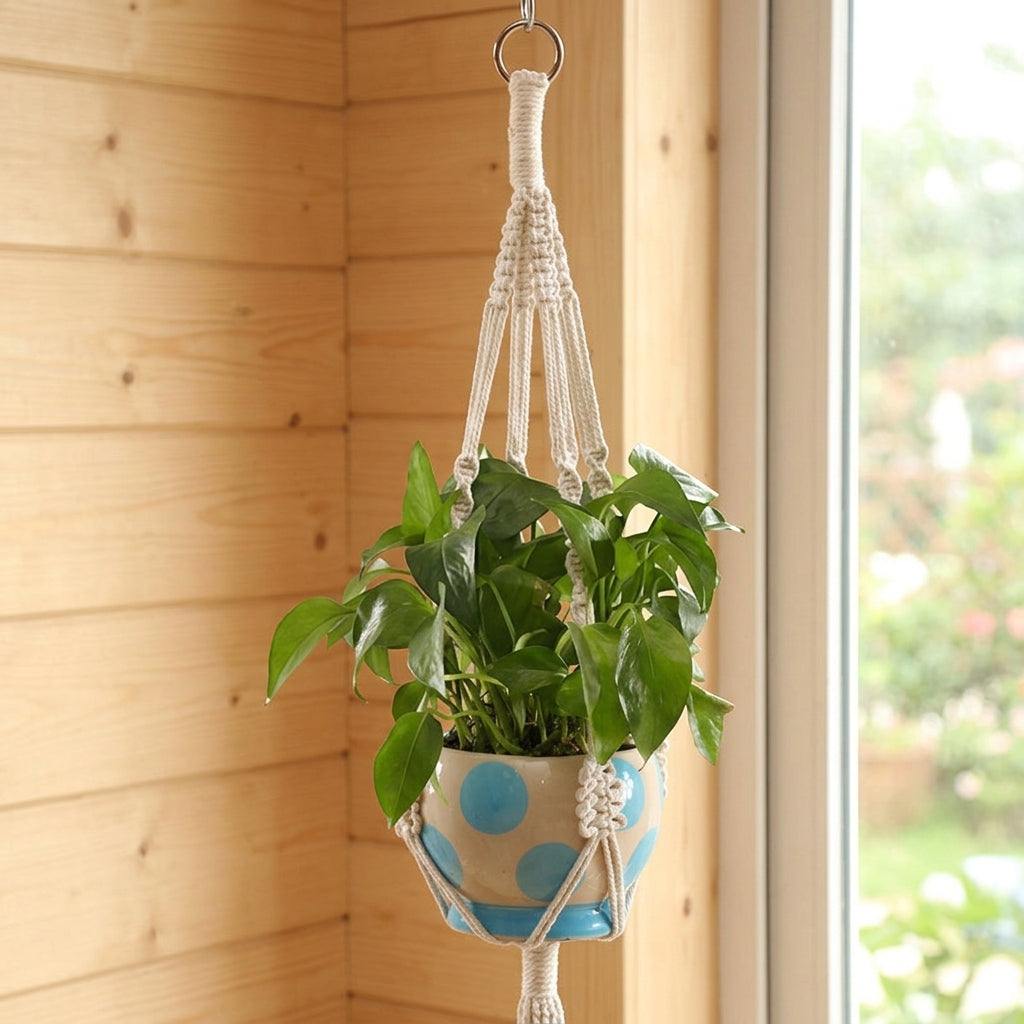 Macrame Plant Hanger, Bohemian Hanging Planter for Indoor & Outdoor Use, Cream Plant Fiber Macrame Hanger for Home Garden Decor