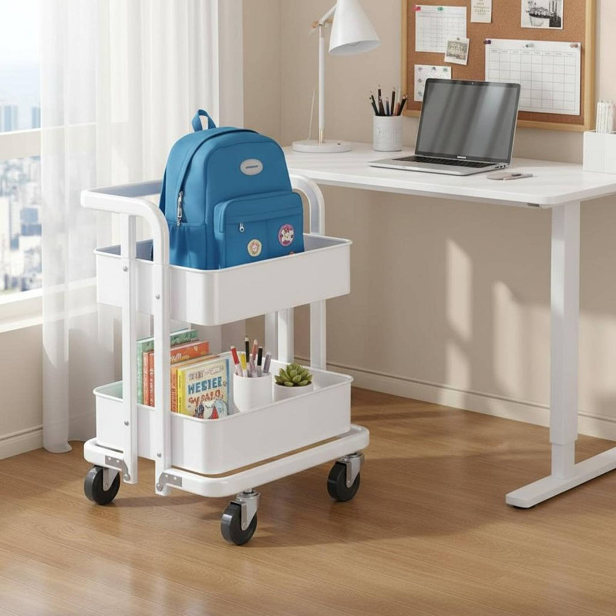 Foldable Rolling Bookshelf Large Storage Capacity 3-Tier Collapsible Trolley