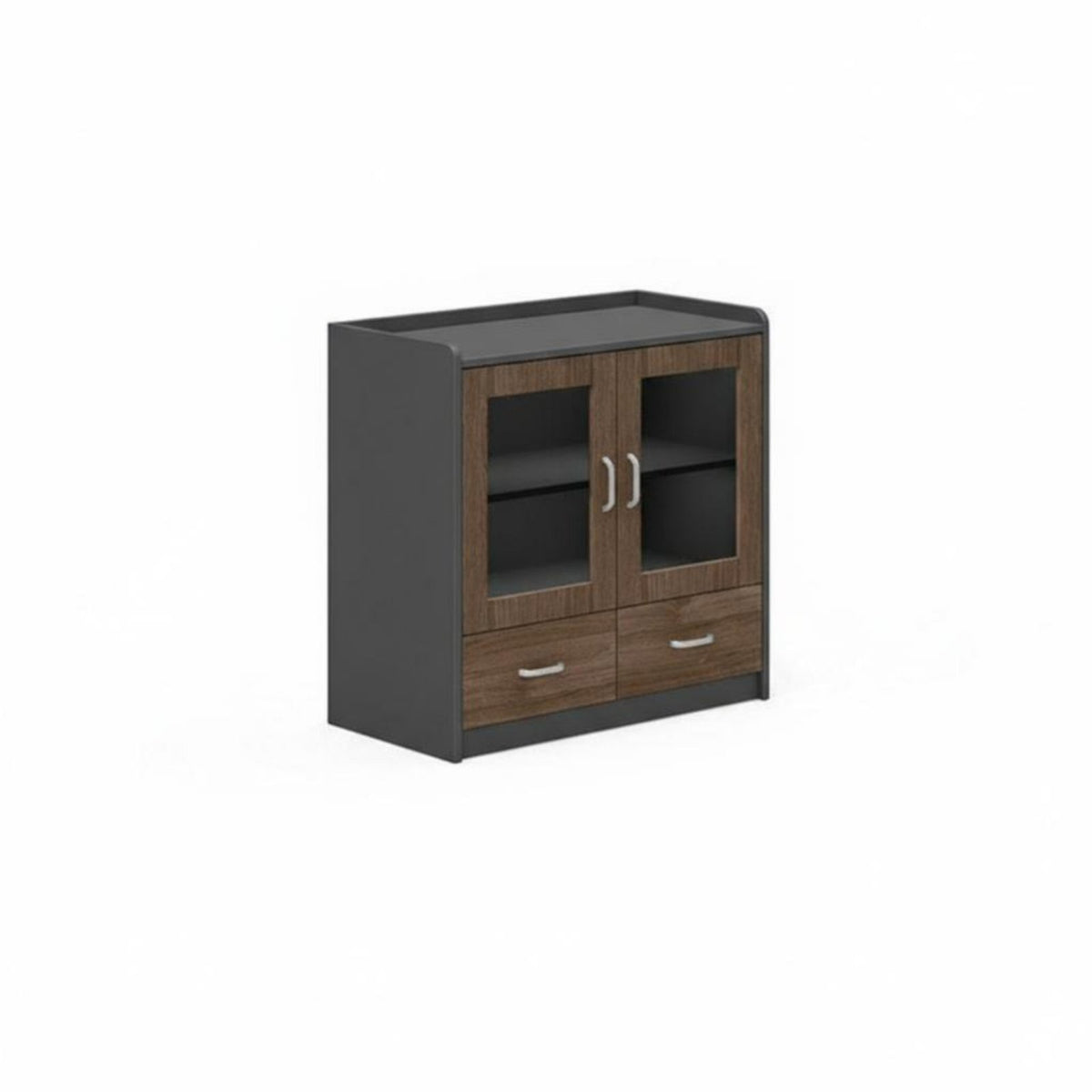 Walnut Finish Low Credenza with Glass Doors Modern Design Office Furniture Lockable Drawers Storage Cabinet for Business Owners, Administrative personnel, Decor devotees, Study Room