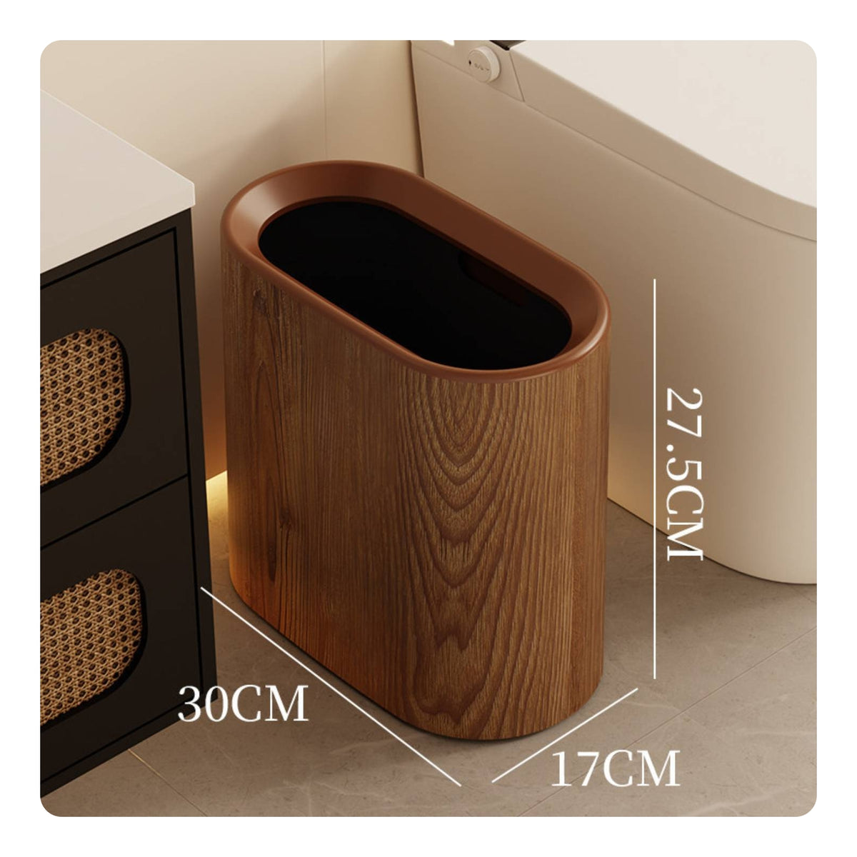 Slim Waste Bin No Lid Wood-Grain Waste Bin Decorative