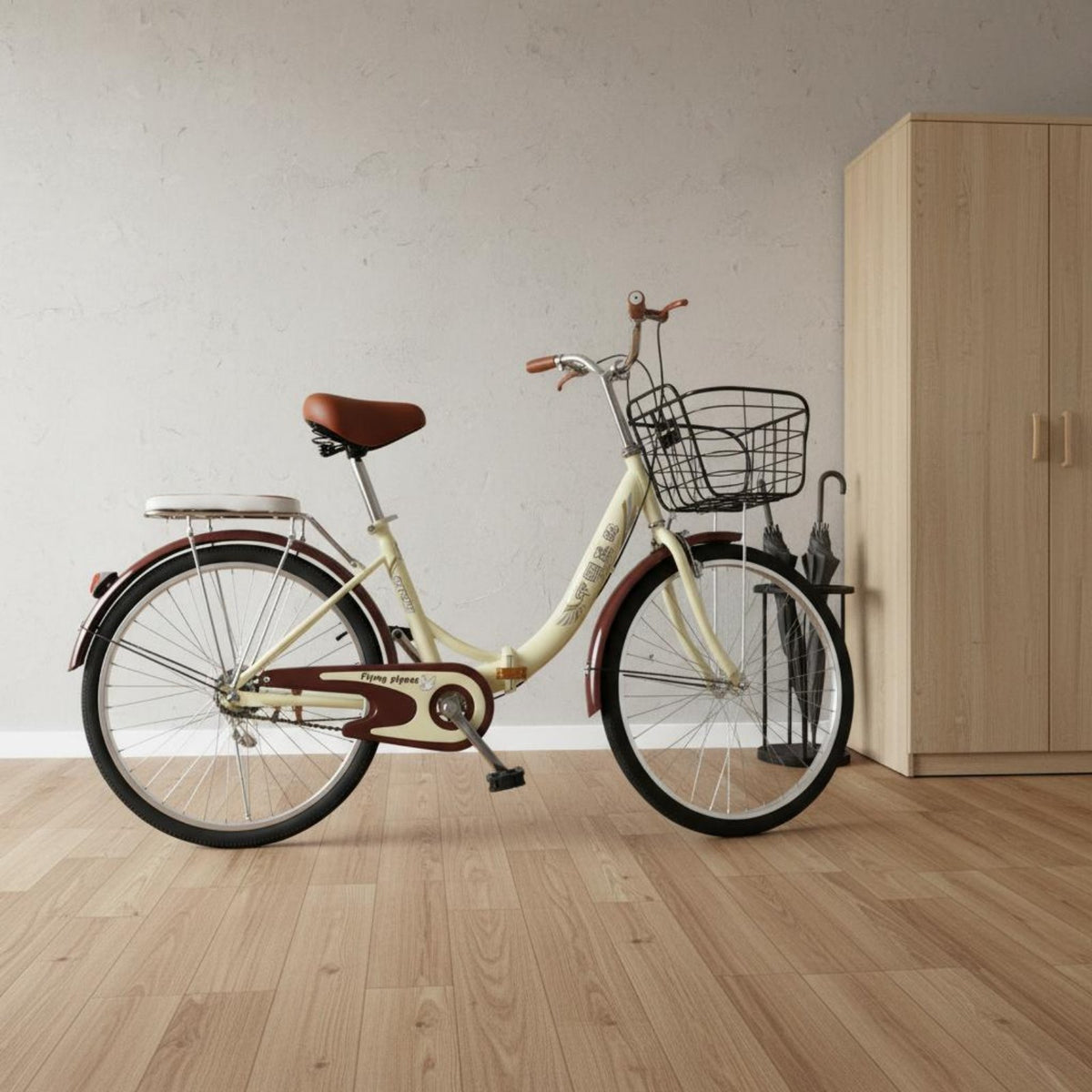 Installation-No-Assembly-Required Folding Ride Solid Tires Commuter Ride Includes Basket and Rear Seat Step-Through Bike High-Carbon Steel Frame for Students, Adults, Women, Commuting, City