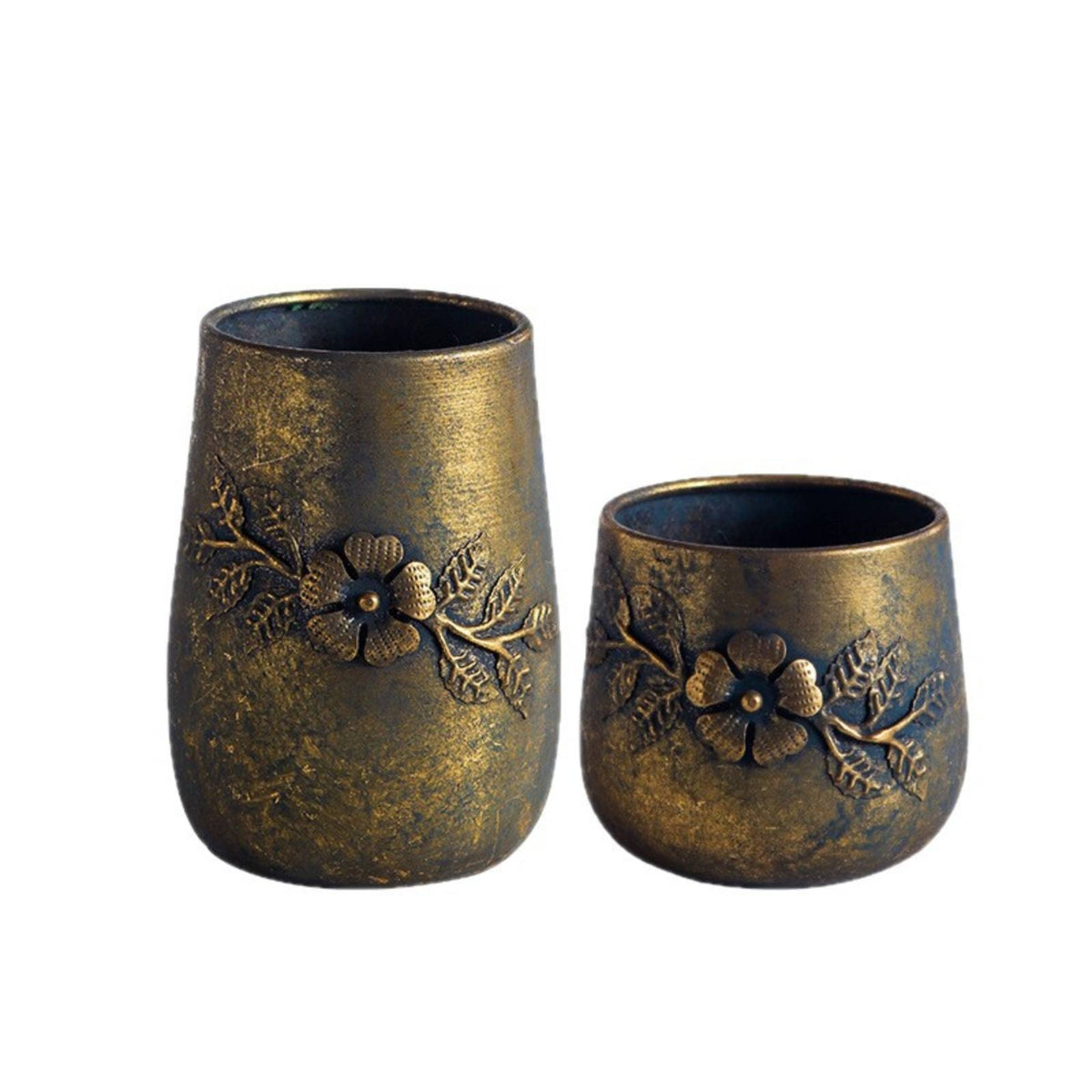 Vintage Embossed Metal Planter Open-Top Embossed Floral Planter Tapered Shape Rustic Flower Pot for Garden, Patio, Indoors