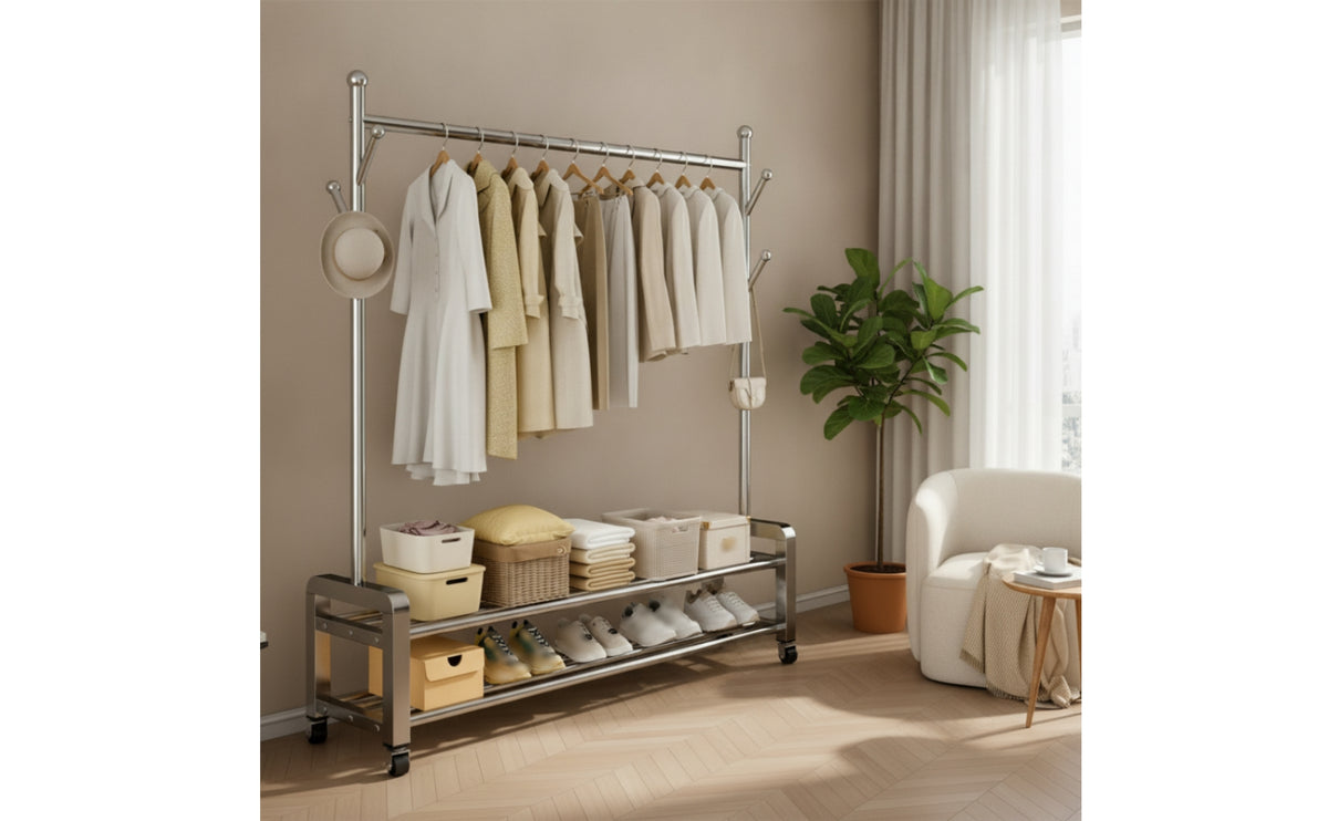 Freestanding Rolling Clothes Rack Movable Garment Rack with Shelves Double-Tier Space-Saving for Bedroom, Laundry Room, Entryway