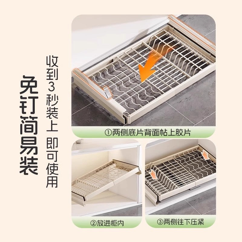 No-Drill Pull-Out Basket and Dish Rack for Kitchen Cabinet, Stainless Steel, Space-Saving Storage