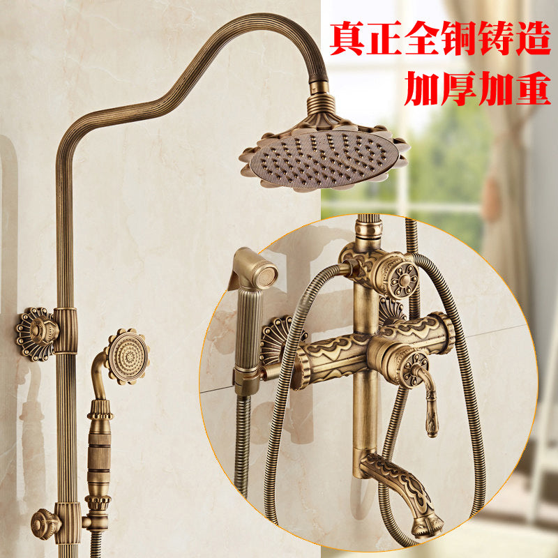 European-Style Antique Carved Shower Set, Brass, Wall-Mounted, Rain Shower
