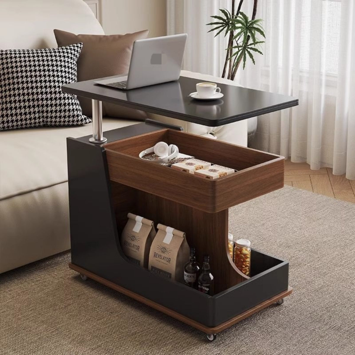 Mobile Sofa Table with Storage Lift Adjustable Surface Side Table Snack Cart C-shaped Base Sintered Stone Top Solid Wood Frame with Wheels Suitable for Adults Bedroom Living Room Home Office Compact Spaces