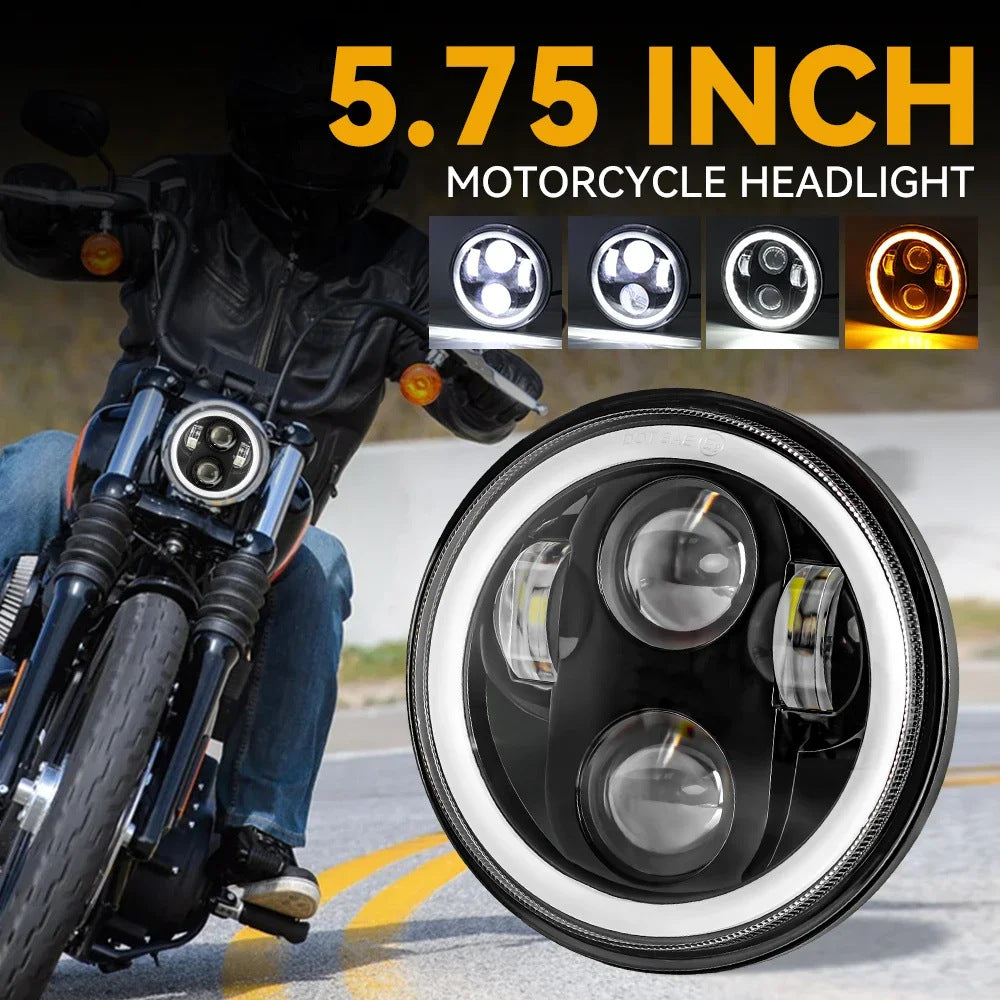 5.75 Inch Harley Wrangler Motorcycle Headlight, Full Round 4 Beads 60W with Angel Eye