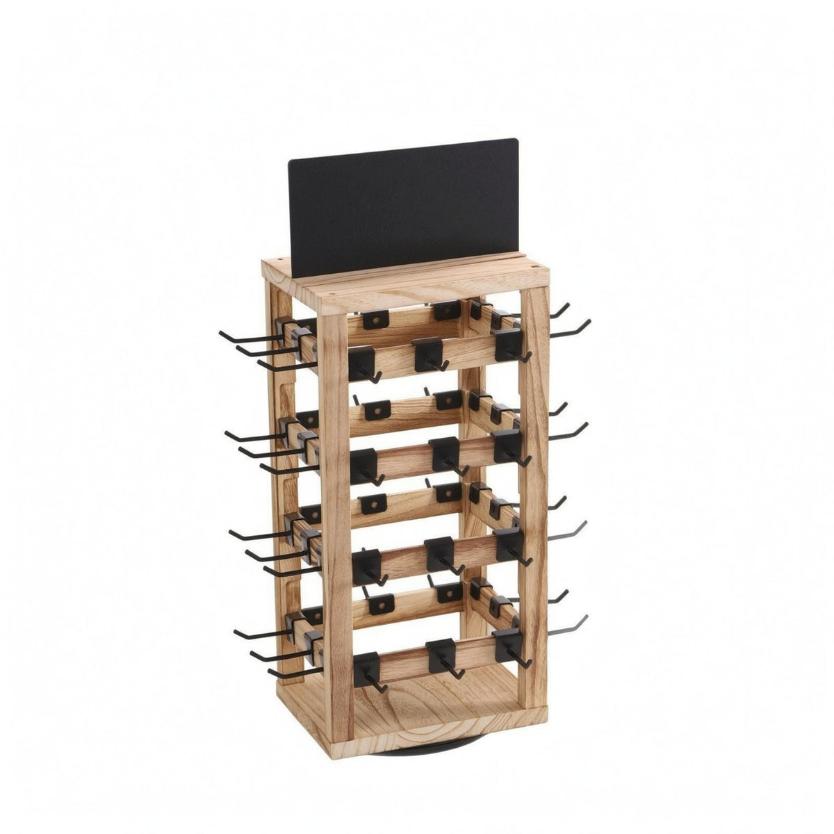 Black Metal Hooks Rotating Jewelry Display Rack Natural Wood Finish Wooden Jewelry Organizer unobstructedFrame Wooden Pegboard Display Tabletop