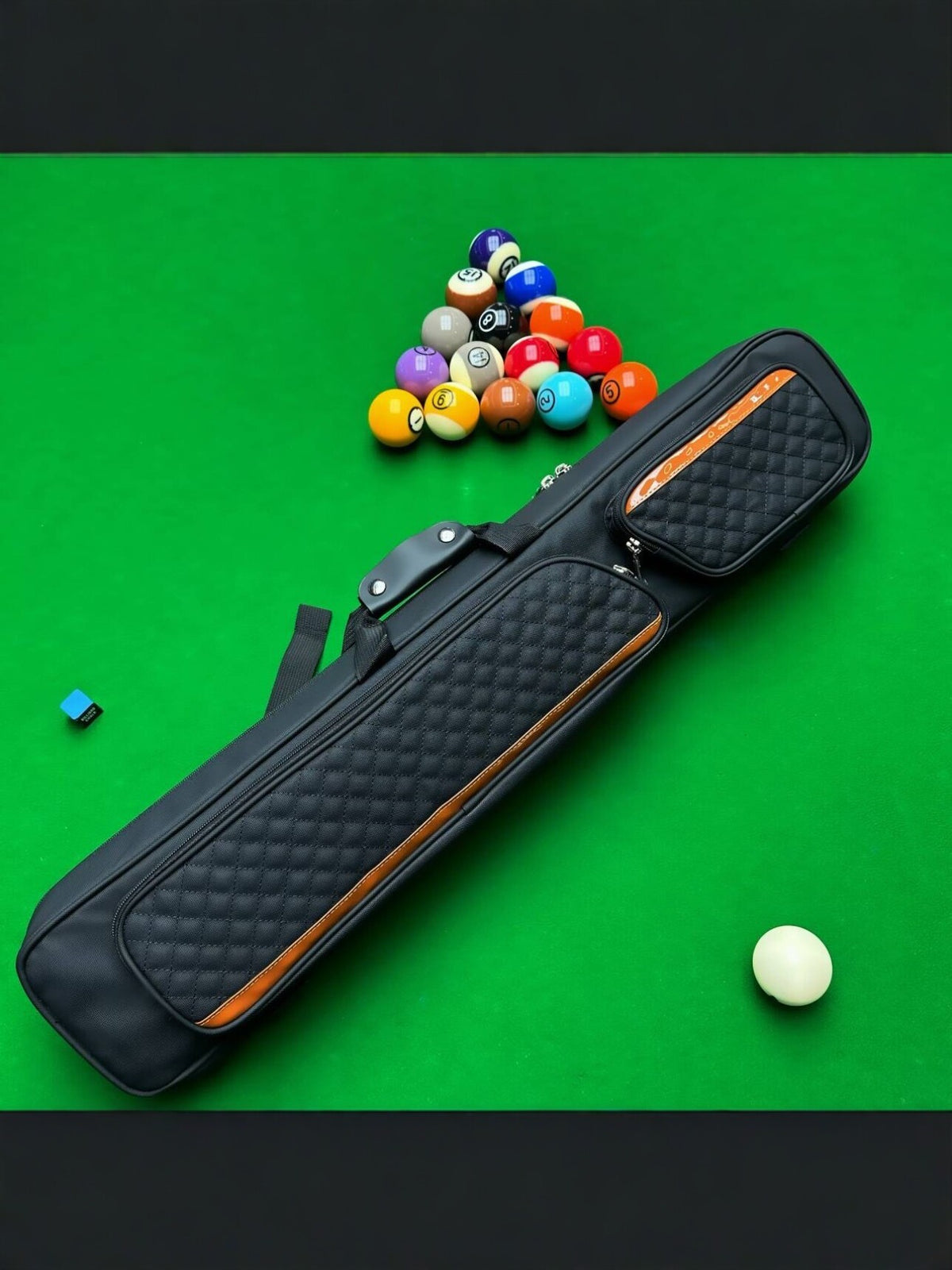 Black Leather Grain Billiard Cue Bag with 7 Pockets