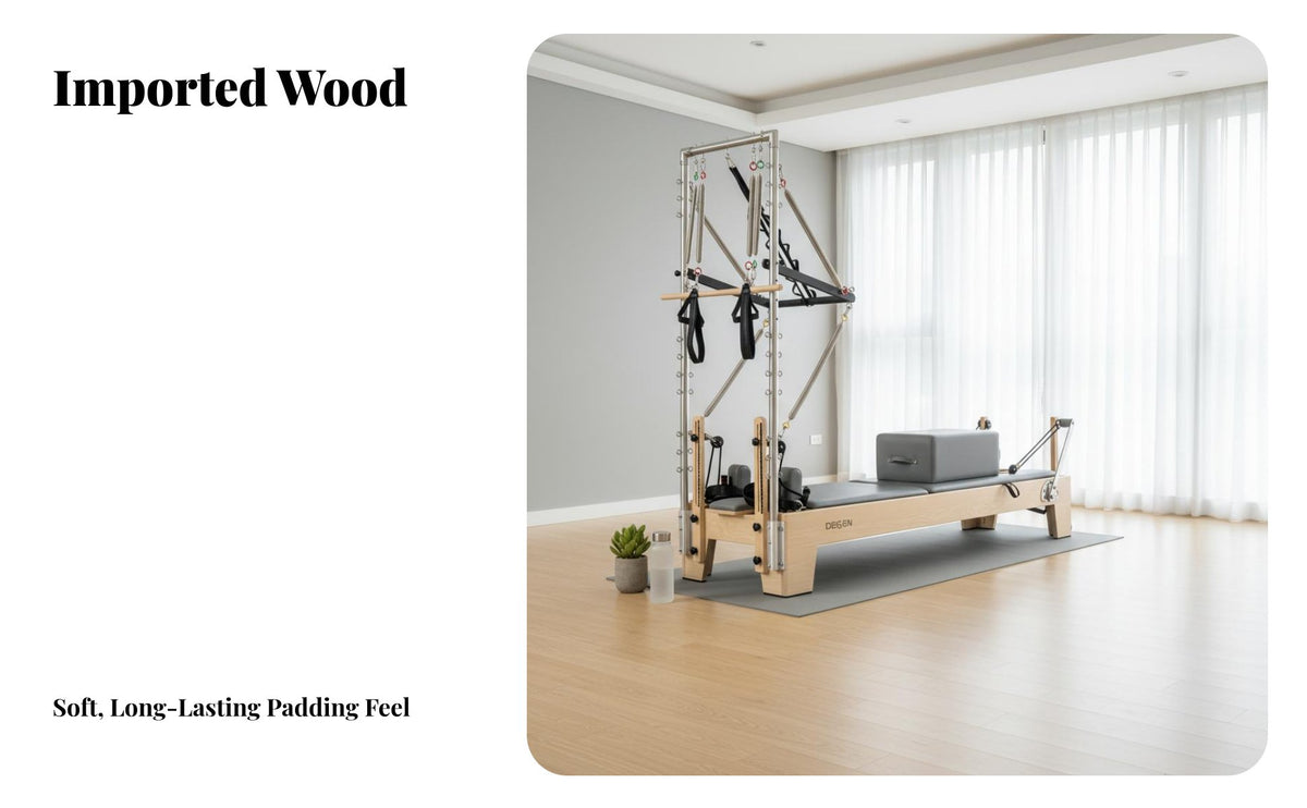Pilates Reformer Bed Firm Foam Padding Pilates Reformer Machine Adjustable Tension Oak Wooden Foundation Bed for Postpartum Women, Gym, Living Room