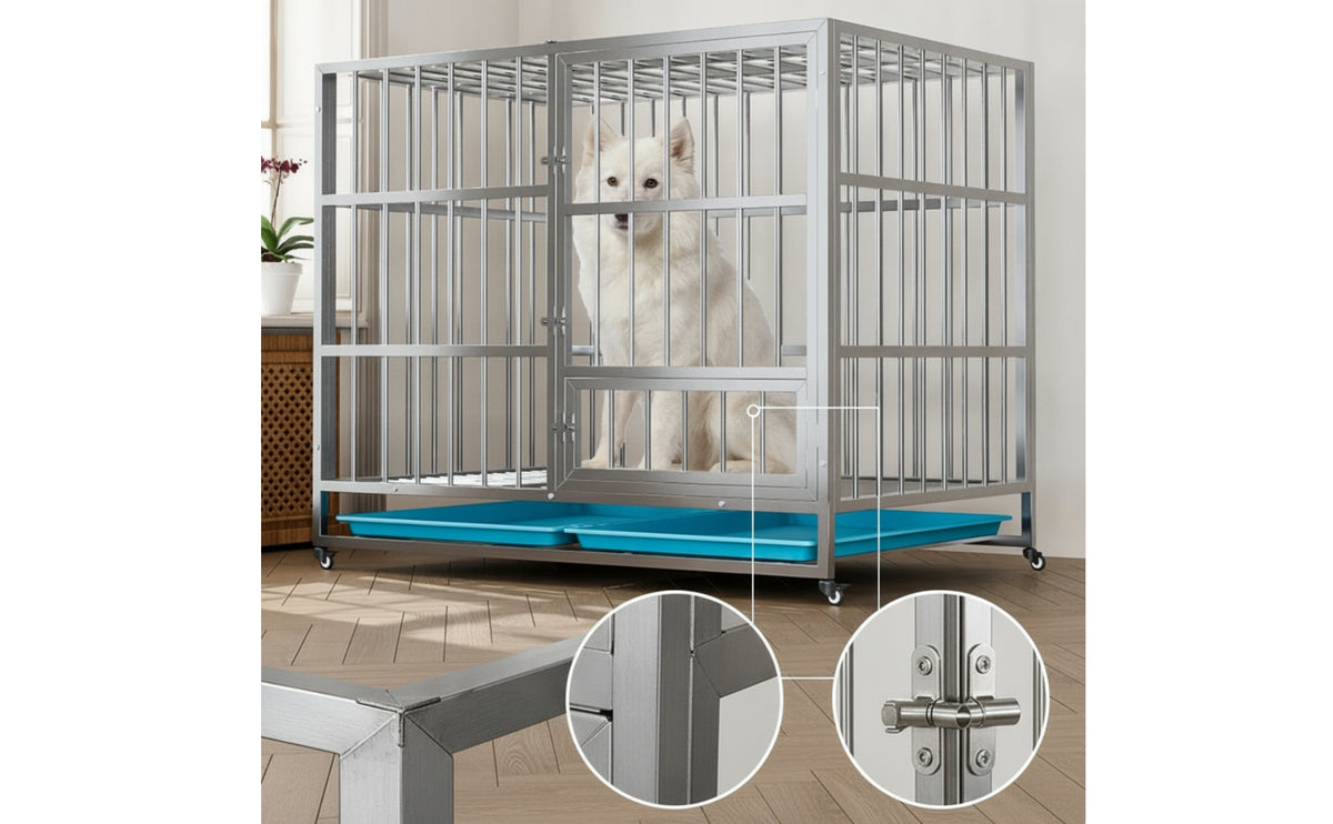 Stainless Steel Dog Crate with Wheels Long-Lasting Heavy Duty Dog Cage Indestructible Kennel Rust Resistant for Dogs, Indoor