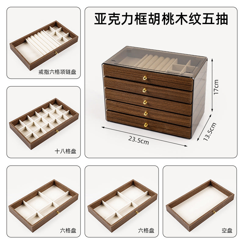Five-Layer Walnut Jewelry Box with Drawers for Desktop Storage