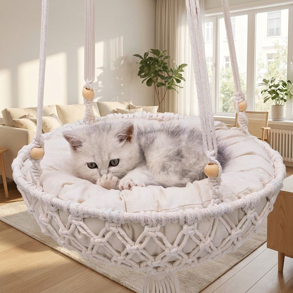 Cat Hammock Hanging Cat Chair with Cushion, Handmade Woven Macrame Basket Pet Cat Bed, Indoor Decor Fringe Suitable for Birman Cats