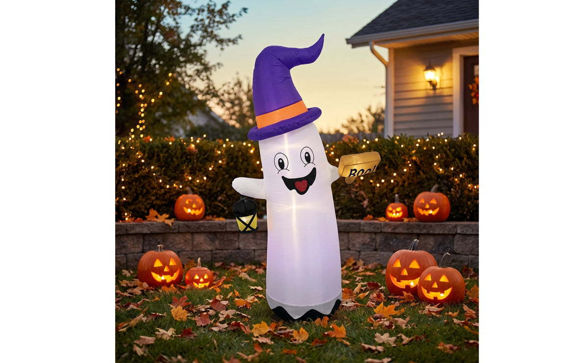 Halloween Inflatable Ghost Inflatable Ghost with Witch Hat Outdoor Yard Decoration Cute for Families, Homeowners, Lawn, Front Porch