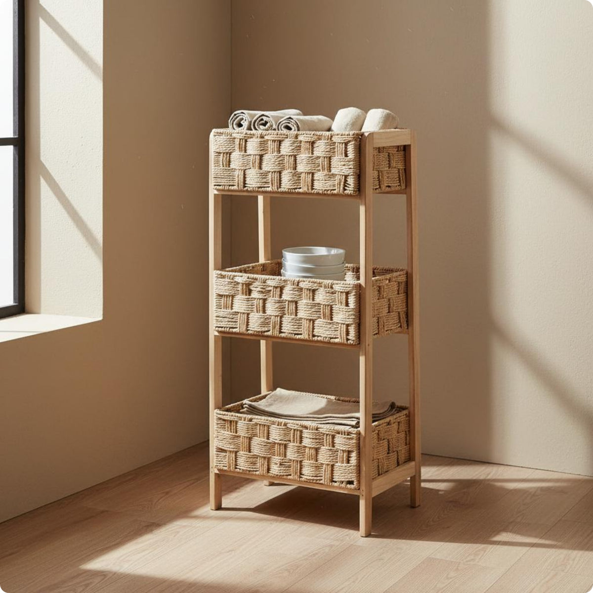 Rattan Storage Rack Handmade 3-Tier Rattan Shelf Space-Saving for Living Room