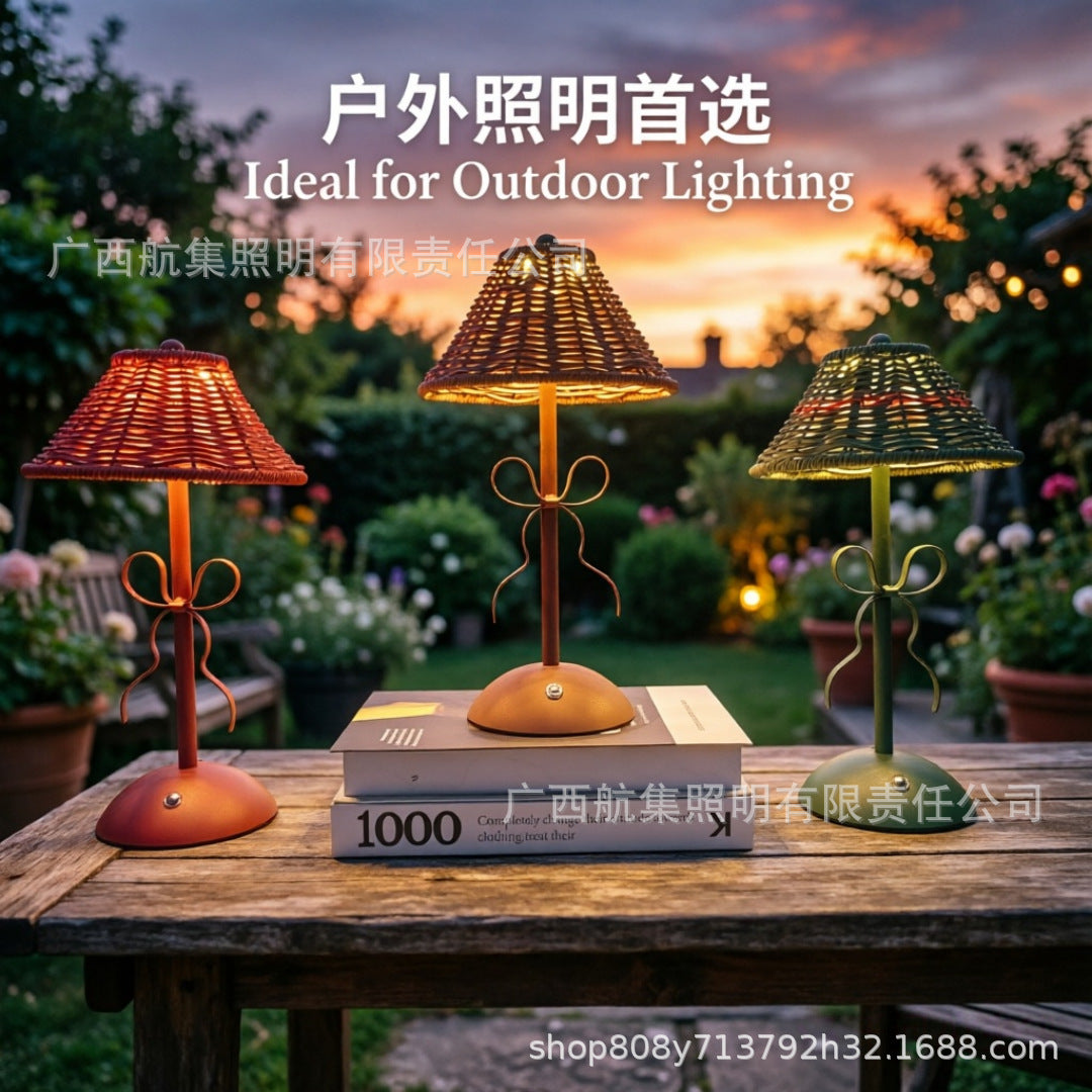 Rechargeable LED Table Lamp with Rattan Shade, Vintage Style, Dimmable