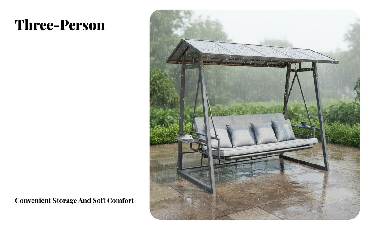 Weather Resistant 3 Person Patio Swing Heavy Duty Frame 3-Seat Convertible Swing Bed Thick Cushions Outdoor Glider Bed Pillows Included for Families, Adults, Homeowners, Backyard, Deck, Poolside