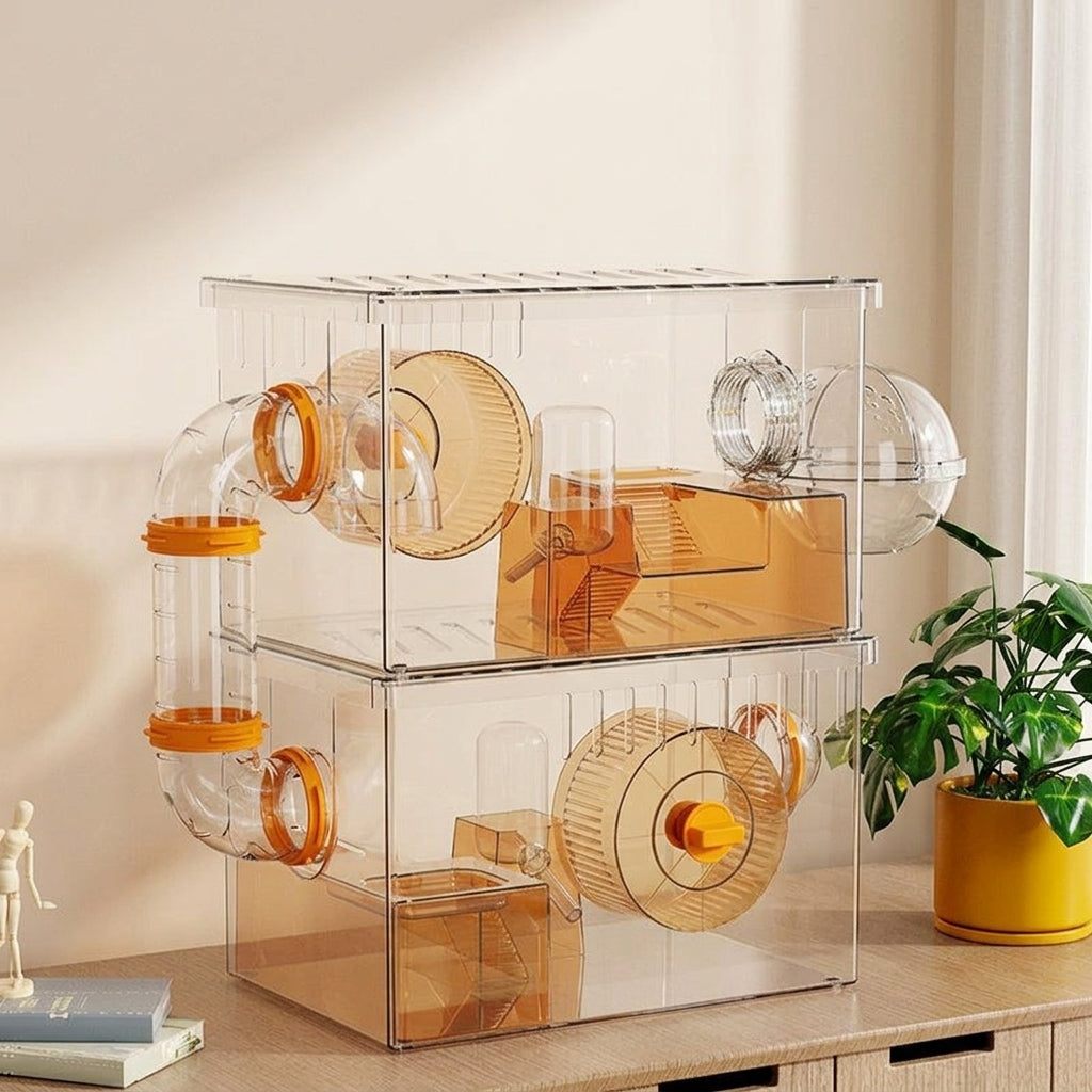 Expandable Hamster Cage and 2-Layer Clear Acrylic Habitat, Hamster Enclosure for Dwarf Hamsters, Transparent 360 Viewing Box with 9 Accessories