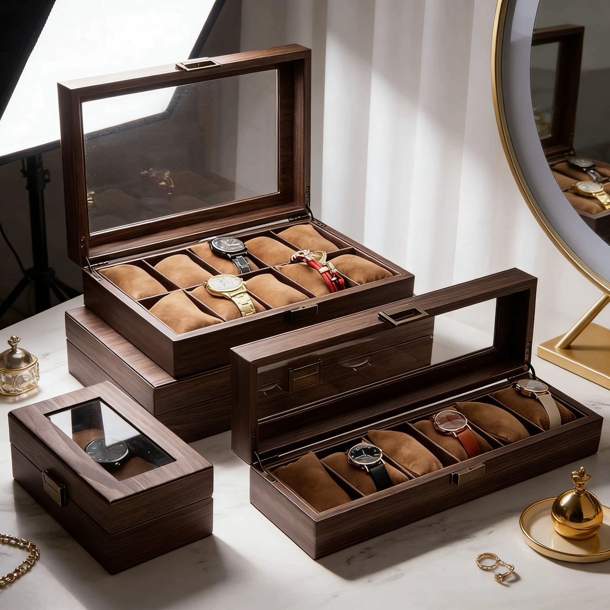 Retro Wooden Watch Storage Box with Drawer, Large Capacity, Transparent Lid