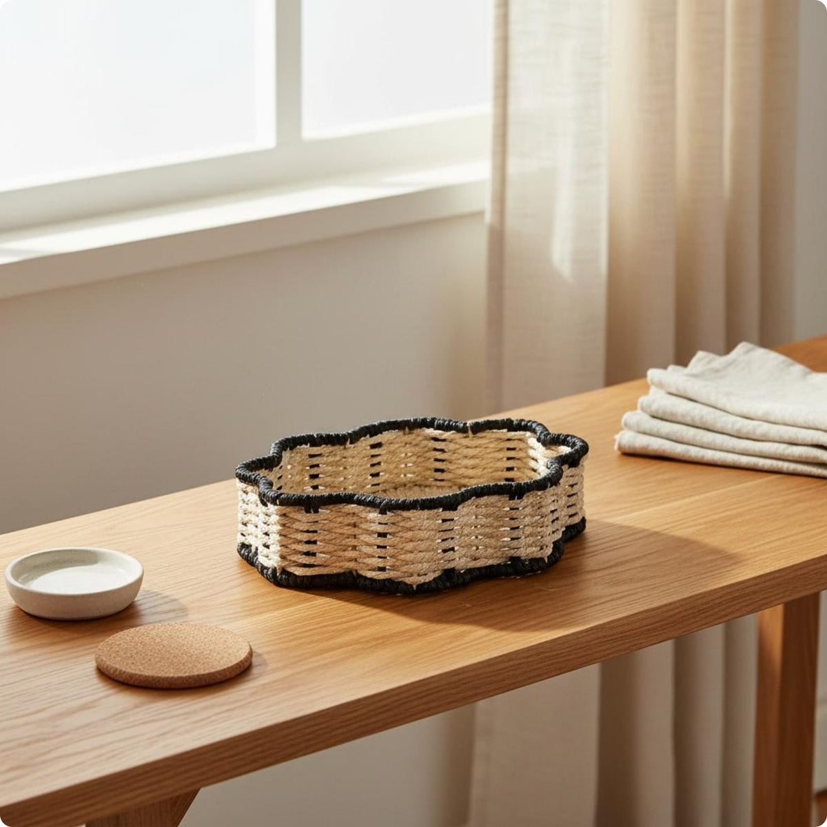 Two-Tone Paper Rope Tray Pastoral Design Desktop Organizer for Dresser