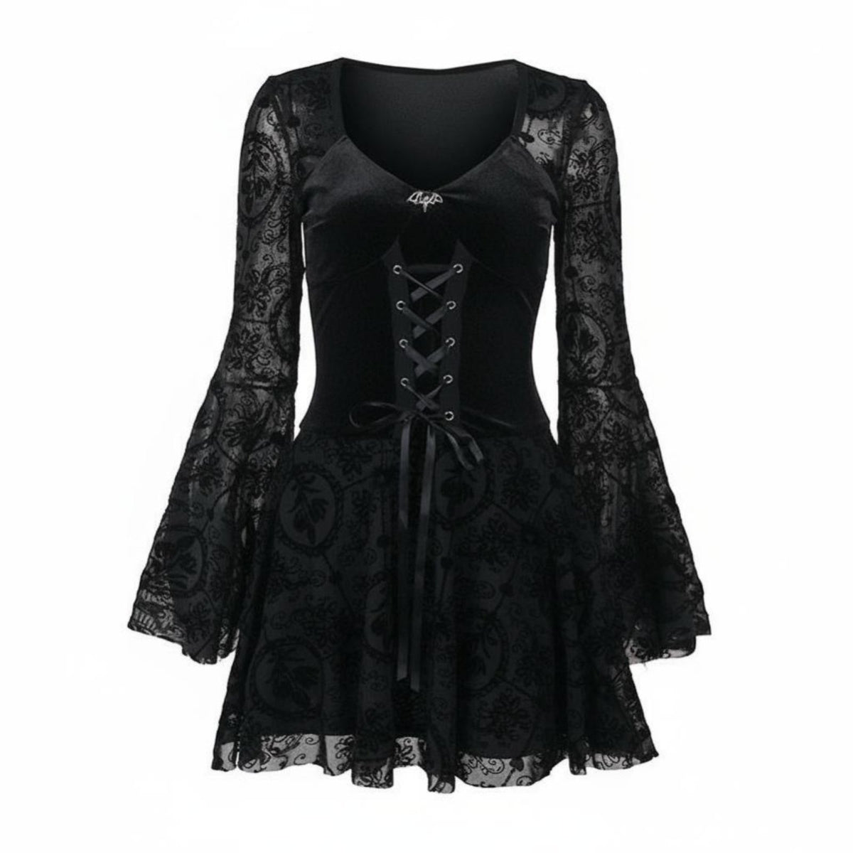Black Bell Sleeve Dress Vintage Inspired Lace Sleeve Goth Dress for Cosplayers