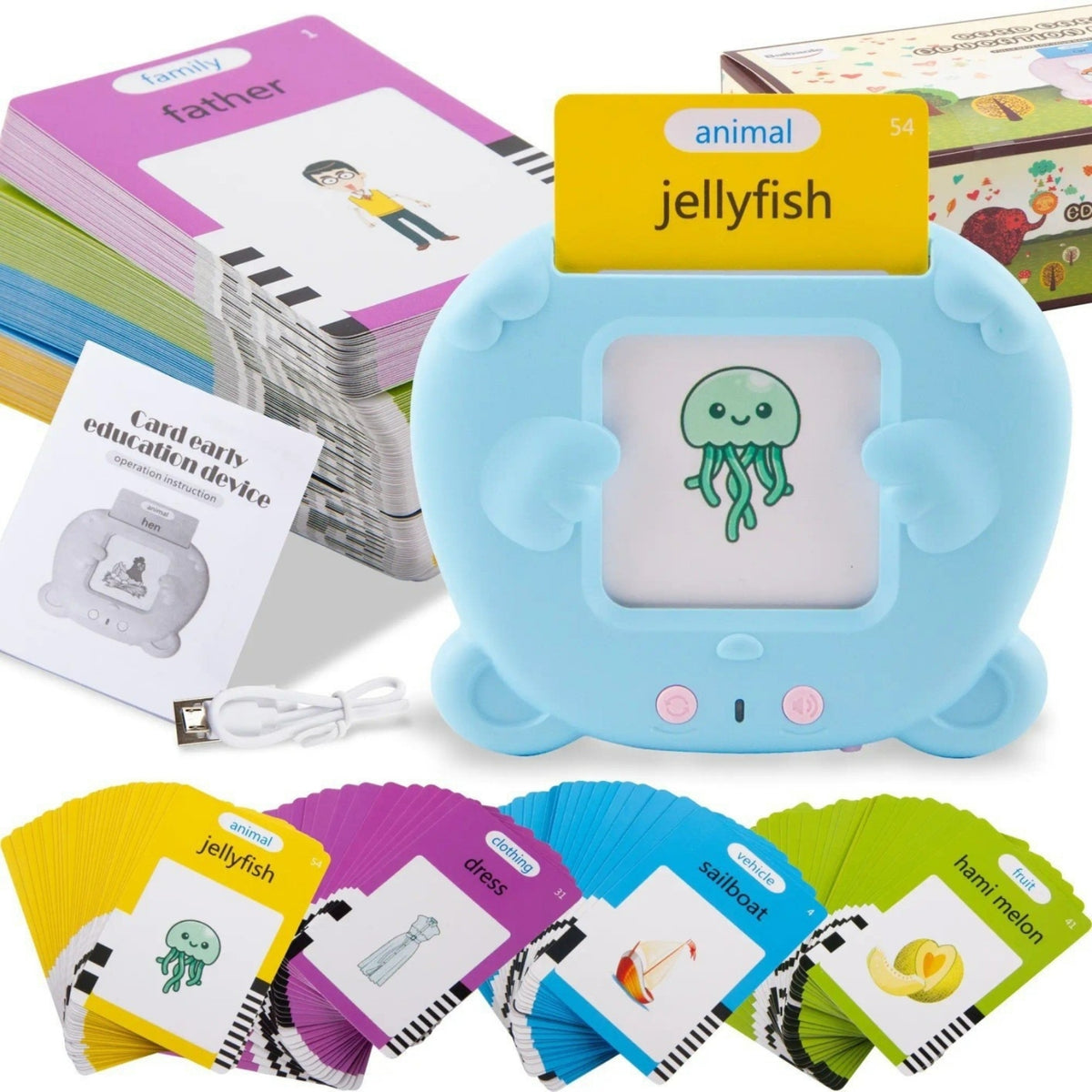 Cartoon Card Learning Machine Screenscreenless Language Learning Toy with Cards Clear Voice Talking Flash Cards Reader Reusable for Toddlers