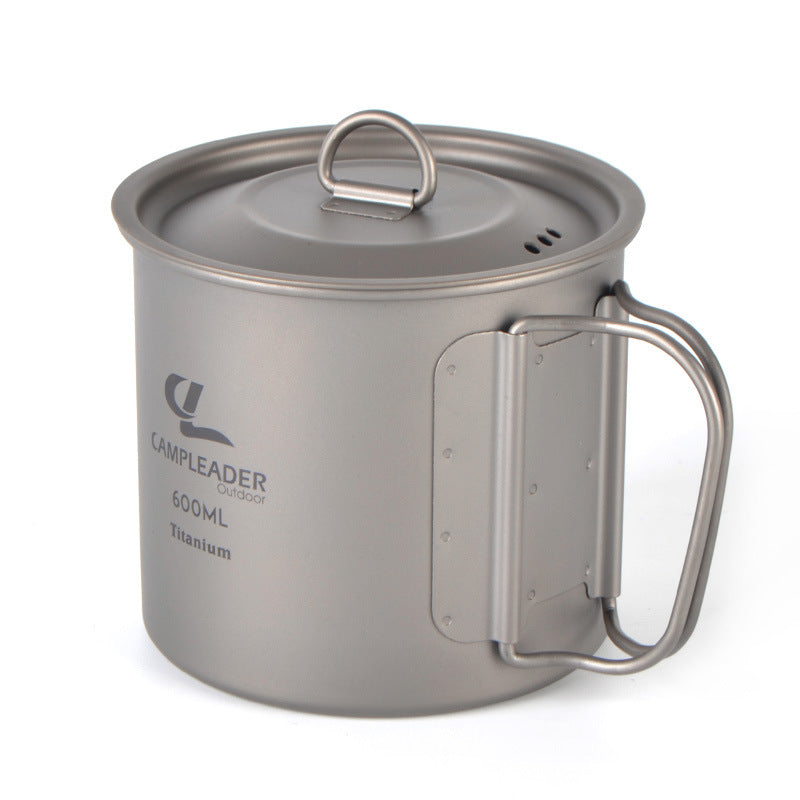 Outdoor Portable Cup Boil Water Folding Drinking Cup Camping Titanium Cup Pure Titanium Cup with Lid 600ml
